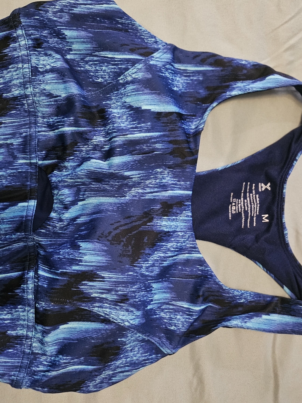 Xersion Blue and Black Patterned Racerback Sports Bra